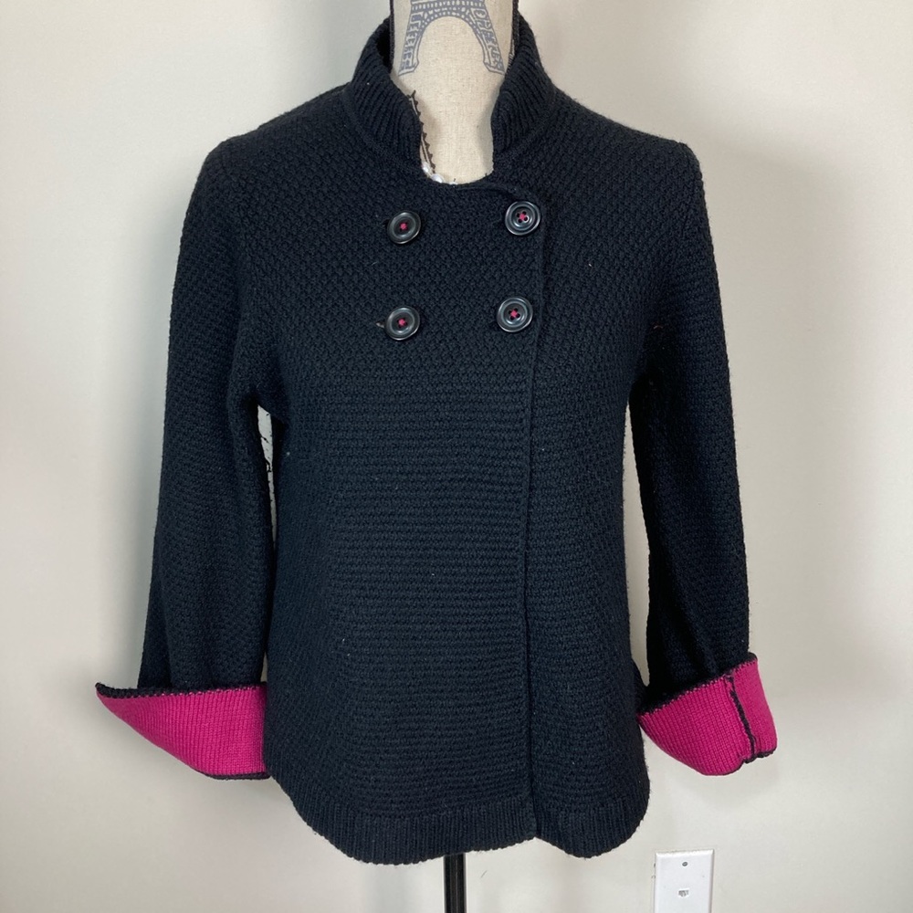Lucky Brand Black Marled Double Breasted Knit Jacket Fold Burgundy Sleeve